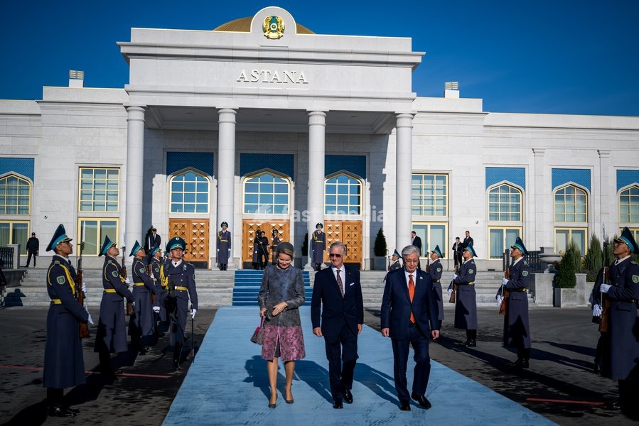 Queen Mathilde of Belgium; King Philippe - Filip of Belgium and Kazakhstan's President Kassym-Jomart Tokayev pictured at the farewell ceremony and departure with the governmental aircraft from Astana Airport to Almaty Airport the official state visit of the Belgian King and Queen to Kazakhstan, on…