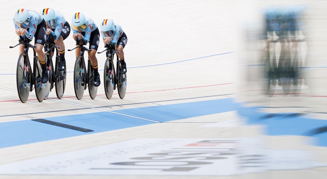 Belgian team with Belgian Katrijn De Clercq, Belgian Shari Bossuyt, Belgian Helene Hesters and Belgium Belgian Luca Vierstraete pictured in action during the Women’s Scratch event at the UCI Track Cycling World Championships in Shanghai, China on Wednesday 14 October 2026. The worlds are taking…