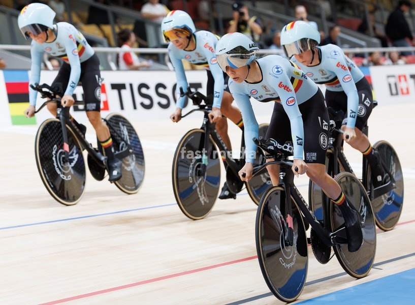 Belgian team with Belgian Katrijn De Clercq, Belgian Shari Bossuyt, Belgian Helene Hesters and Belgium Belgian Luca Vierstraete pictured in action during the Women’s Scratch event at the UCI Track Cycling World Championships in Shanghai, China on Wednesday 14 October 2026. The worlds are taking…