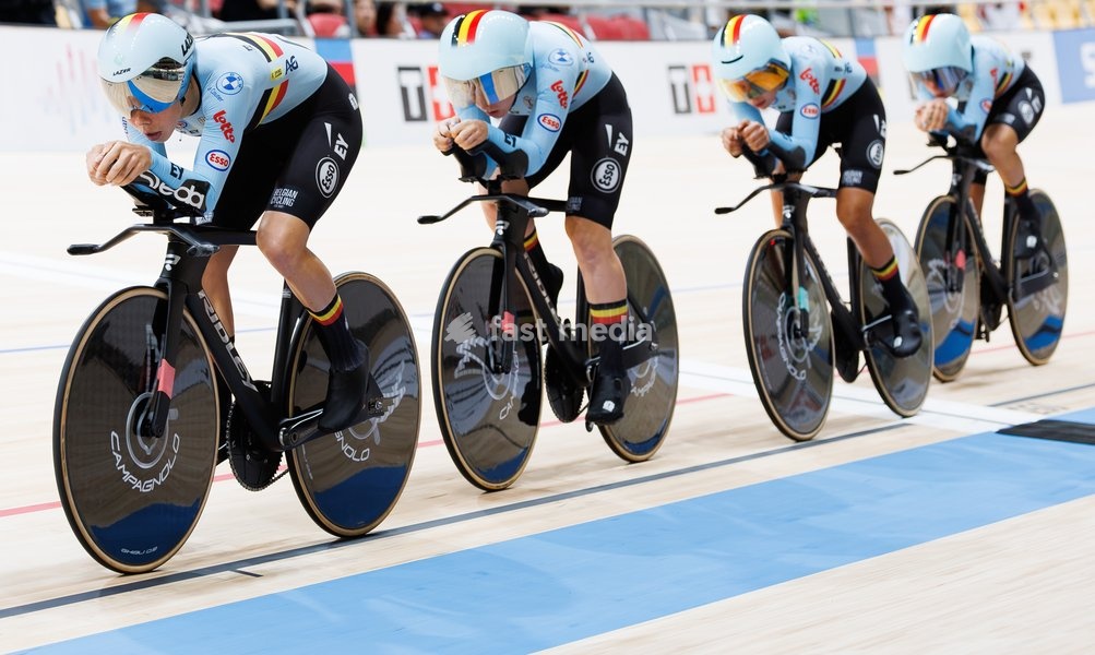 Belgian team with Belgian Katrijn De Clercq, Belgian Shari Bossuyt, Belgian Helene Hesters and Belgium Belgian Luca Vierstraete pictured in action during the Women’s Scratch event at the UCI Track Cycling World Championships in Shanghai, China on Wednesday 14 October 2026. The worlds are taking…