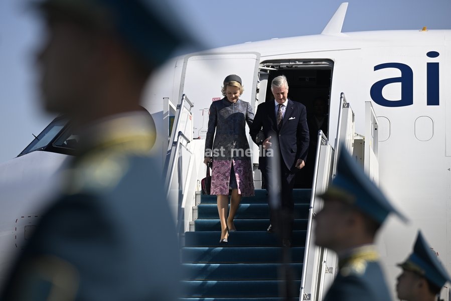 Queen Mathilde of Belgium and King Philippe - Filip of Belgium pictured at the official welcome at Almaty Airport part of the official state visit of the Belgian King and Queen to Kazakhstan, on Wednesday 14 October 2026. The first State Visit of Belgium's royal couple in central Asia from 11 to 14…