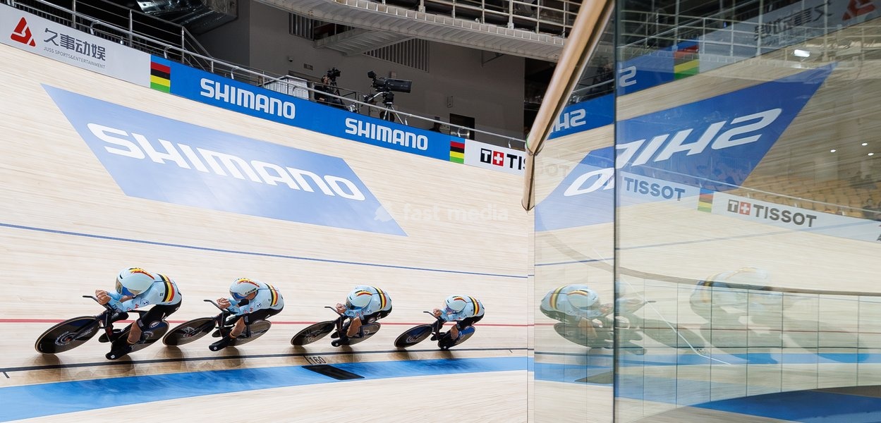 Belgian Gianluca Pollefliet; Belgian Witse Bertels; Belgian Tuur Dens and Belgian Noah Vandenbranden are pictured in action during the Men’s Team Pursuit event at the UCI Track Cycling World Championships in Shanghai, China on Wednesday 14 October 2026. The worlds are taking place from 14 to 18…