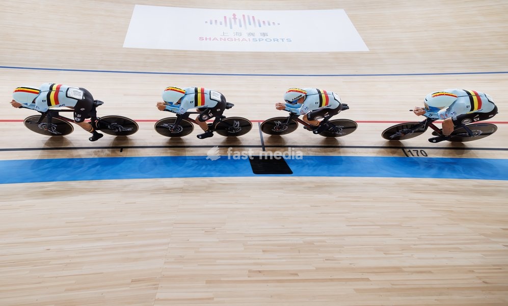 Belgian Noah Vandenbranden; Belgian Gianluca Pollefliet; Belgian Witse Bertels and Belgian Tuur Dens are pictured in action during the Men’s Team Pursuit event at the UCI Track Cycling World Championships in Shanghai, China on Wednesday 14 October 2026. The worlds are taking place from 14 to 18…