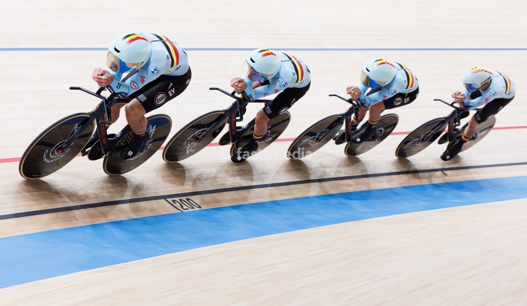 Belgian Tuur Dens; Belgian Noah Vandenbranden; Belgian Gianluca Pollefliet are Belgian Witse Bertels are pictured in action during the Men’s Team Pursuit event at the UCI Track Cycling World Championships in Shanghai, China on Wednesday 14 October 2026. The worlds are taking place from 14 to 18…