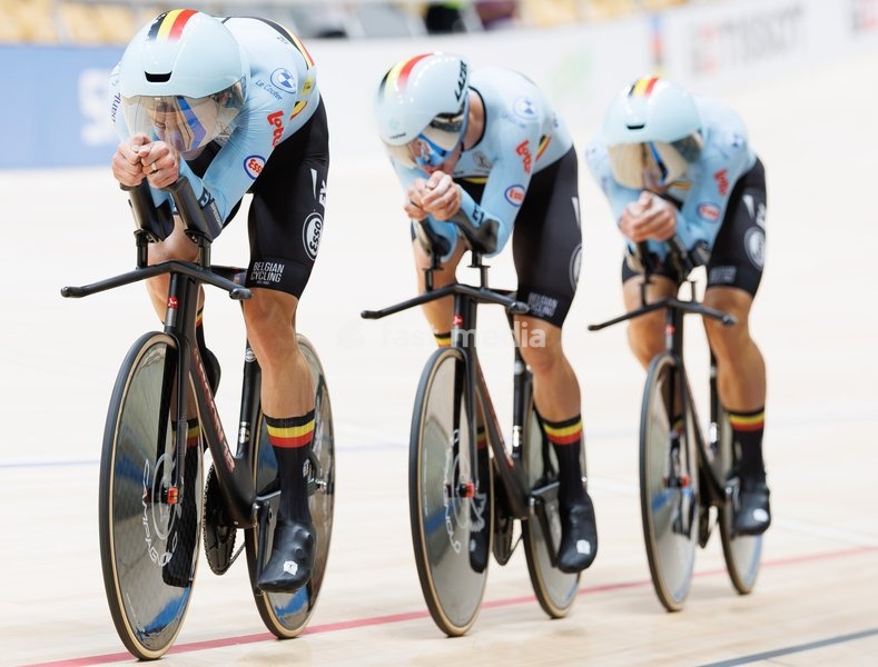 Belgian Gianluca Pollefliet; Belgian Witse Bertels and Belgian Tuur Dens are pictured in action during the Men’s Team Pursuit event at the UCI Track Cycling World Championships in Shanghai, China on Wednesday 14 October 2026. The worlds are taking place from 14 to 18 October 2026