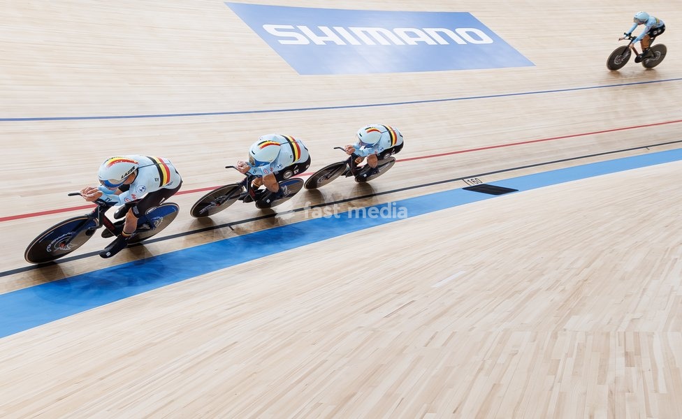 Belgian Gianluca Pollefliet; Belgian Witse Bertels; Belgian Tuur Dens and Belgian Noah Vandenbranden are pictured in action during the Men’s Team Pursuit event at the UCI Track Cycling World Championships in Shanghai, China on Wednesday 14 October 2026. The worlds are taking place from 14 to 18…