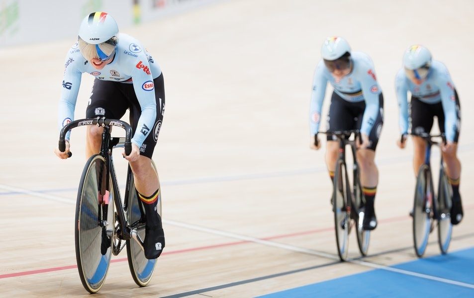 Belgian Elke Vanhoof; Belgian Nicky Degrendele and Belgian Zita Gheysens are pictured in action during the Women’s Team Sprint event at the UCI Track Cycling World Championships in Shanghai, China on Wednesday 14 October 2026. The worlds are taking place from 14 to 18 October 2026