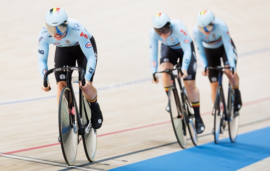 Belgian Elke Vanhoof; Belgian Nicky Degrendele and Belgian Zita Gheysens are pictured in action during the Women’s Team Sprint event at the UCI Track Cycling World Championships in Shanghai, China on Wednesday 14 October 2026. The worlds are taking place from 14 to 18 October 2026