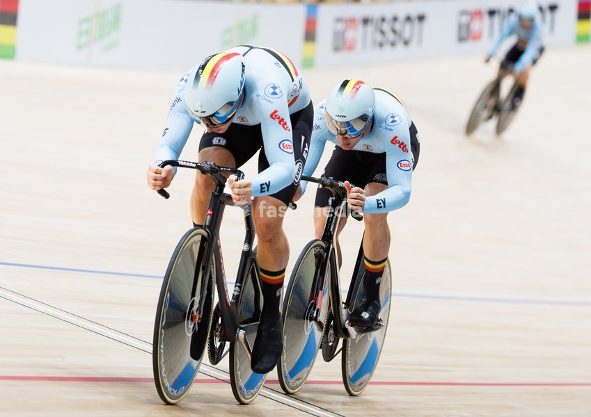 Belgian Runar De Schrijver; Belgian Thibault Van Laere and Belgian Lowie Nulens are pictured in action during the Men’s Team Sprint event at the UCI Track Cycling World Championships in Shanghai, China on Wednesday 14 October 2026. The worlds are taking place from 14 to 18 October 2026