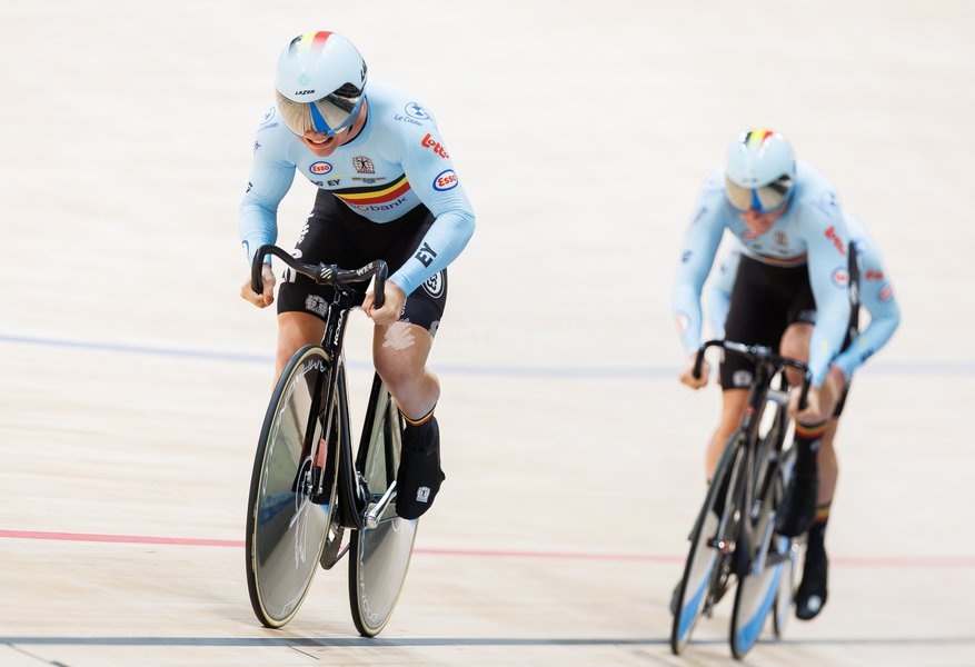 Belgian Runar De Schrijver; Belgian Thibault Van Laere and Belgian Lowie Nulens are pictured in action during the Men’s Team Sprint event at the UCI Track Cycling World Championships in Shanghai, China on Wednesday 14 October 2026. The worlds are taking place from 14 to 18 October 2026