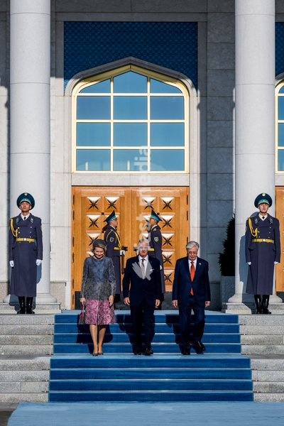 Queen Mathilde of Belgium; King Philippe - Filip of Belgium and Kazakhstan's President Kassym-Jomart Tokayev pictured at the farewell ceremony and departure with the governmental aircraft from Astana Airport to Almaty Airport the official state visit of the Belgian King and Queen to Kazakhstan, on…