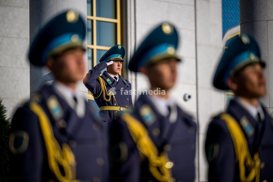 The guard of honour pictured before the farewell ceremony and departure with the governmental aircraft from Astana Airport to Almaty Airport the official state visit of the Belgian King and Queen to Kazakhstan, on Wednesday 14 October 2026. The first State Visit of Belgium's royal couple in central…
