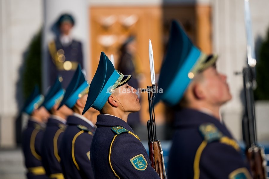 The guard of honour pictured before the farewell ceremony and departure with the governmental aircraft from Astana Airport to Almaty Airport the official state visit of the Belgian King and Queen to Kazakhstan, on Wednesday 14 October 2026. The first State Visit of Belgium's royal couple in central…