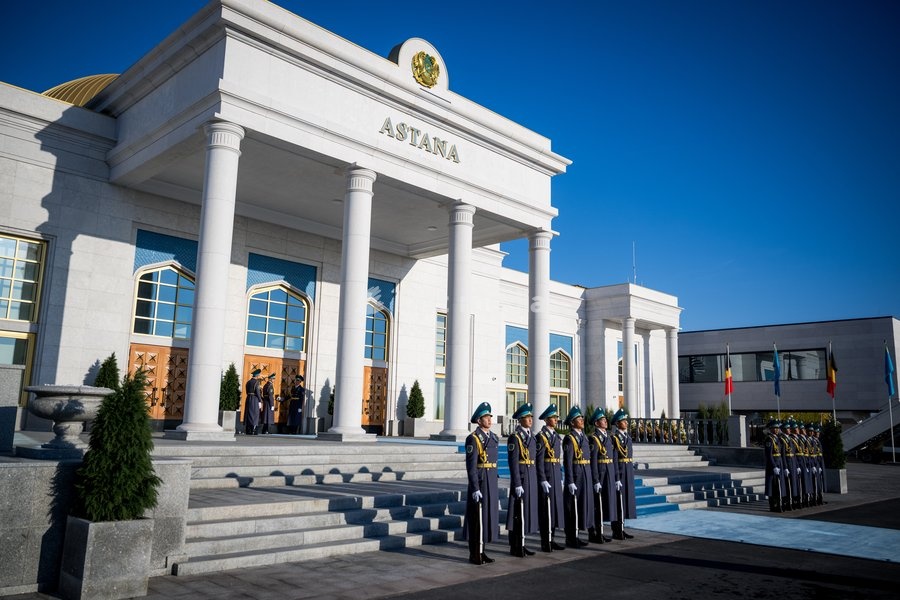 The guard of honour pictured before the farewell ceremony and departure with the governmental aircraft from Astana Airport to Almaty Airport the official state visit of the Belgian King and Queen to Kazakhstan, on Wednesday 14 October 2026. The first State Visit of Belgium's royal couple in central…