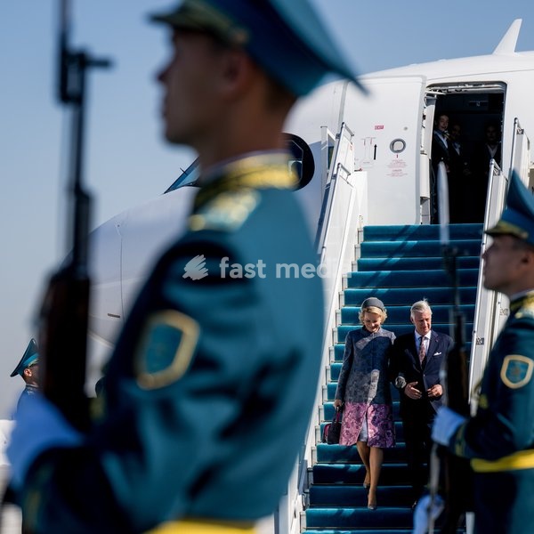 Queen Mathilde of Belgium and King Philippe - Filip of Belgium pictured at the official welcome at Almaty Airport part of the official state visit of the Belgian King and Queen to Kazakhstan, on Wednesday 14 October 2026. The first State Visit of Belgium's royal couple in central Asia from 11 to 14…