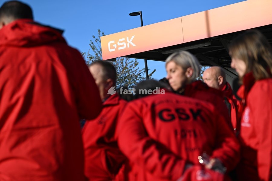 Unions pictured outside during an GSK Belgium extraordinary works council in GSK Vaccine site in Wavre, on Wednesday 14 October 2026. The British pharmaceutical company GSK is one of the major employers in Wallonia, with sites in Wavre and Rixensart in Walloon Brabant, and Gembloux in Namur. 8,500…