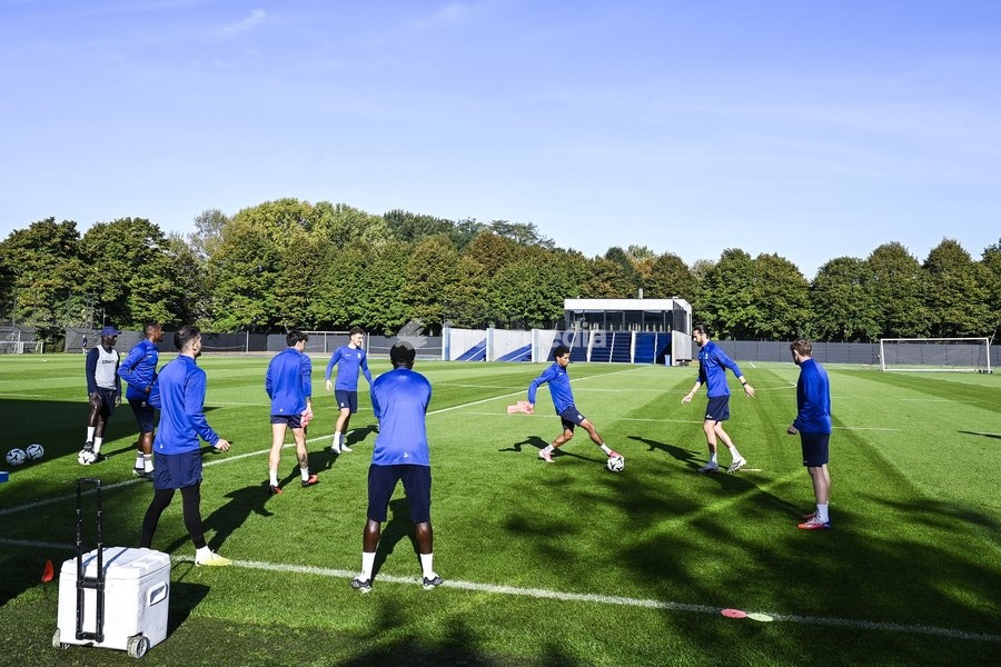 Gent's players pictured in action during a training session of Belgian soccer team KAA Gent, Wednesday 14 October 2026 in Gent. The team is preparing for the opening match of the UEFA Conference League league phase against Danish Aarhus GF tomorrow