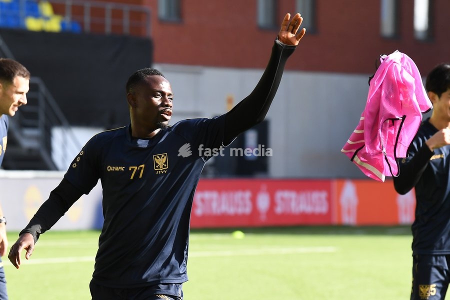 STVV's Oumar Diouf pictured during a training session of Belgian soccer team Sint-Truidense VV, Wednesday 14 October 2026 in Sint-Truiden. The team is preparing for the opening match of the UEFA Conference League league phase against Georgian FC Iberia 1999 Tbilisi tomorrow