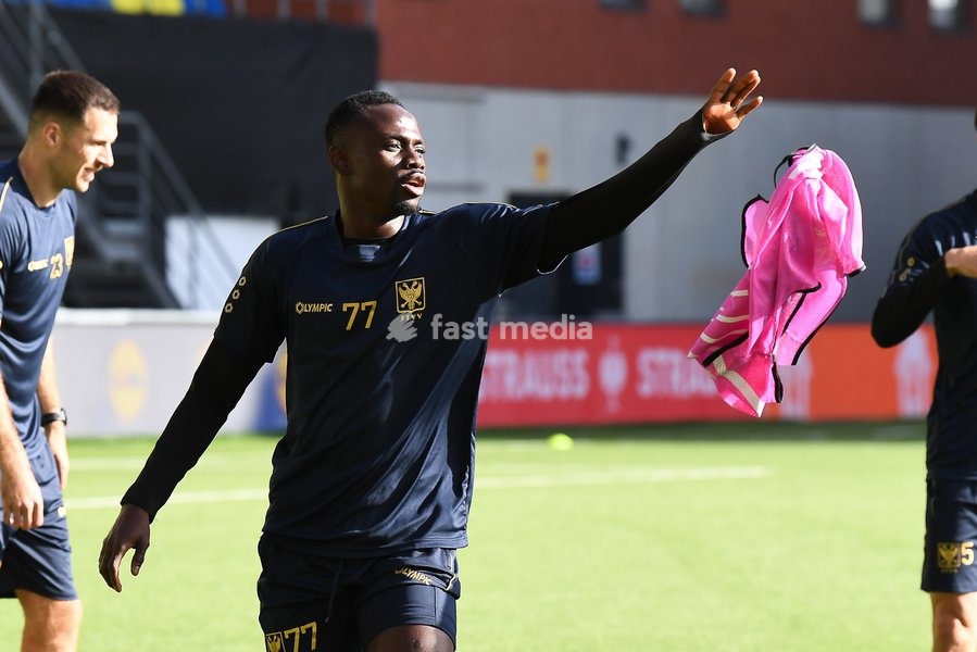 STVV's Oumar Diouf pictured during a training session of Belgian soccer team Sint-Truidense VV, Wednesday 14 October 2026 in Sint-Truiden. The team is preparing for the opening match of the UEFA Conference League league phase against Georgian FC Iberia 1999 Tbilisi tomorrow