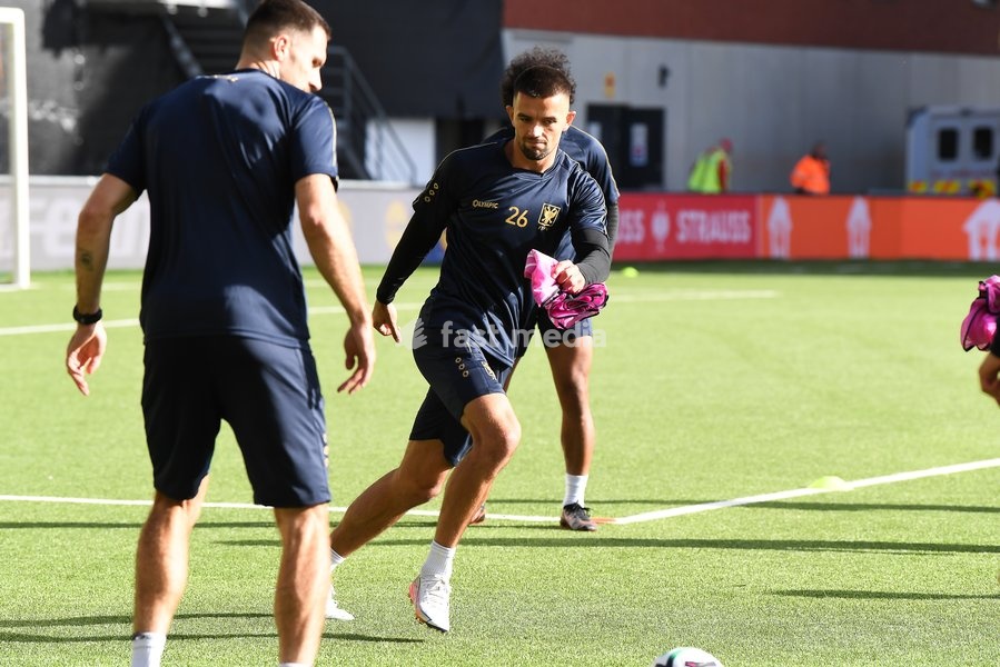 STVV's Visar Musliu pictured in action during a training session of Belgian soccer team Sint-Truidense VV, Wednesday 14 October 2026 in Sint-Truiden. The team is preparing for the opening match of the UEFA Conference League league phase against Georgian FC Iberia 1999 Tbilisi tomorrow