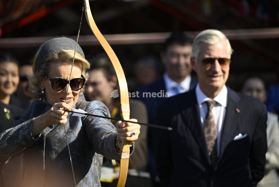 Queen Mathilde of Belgium pictured testing archery during a Traditional Cultural Performance and lunch at the Haragun Country Resort, part of the official state visit of the Belgian King and Queen to Kazakhstan, on Wednesday 14 October 2026. The first State Visit of Belgium's royal couple in…