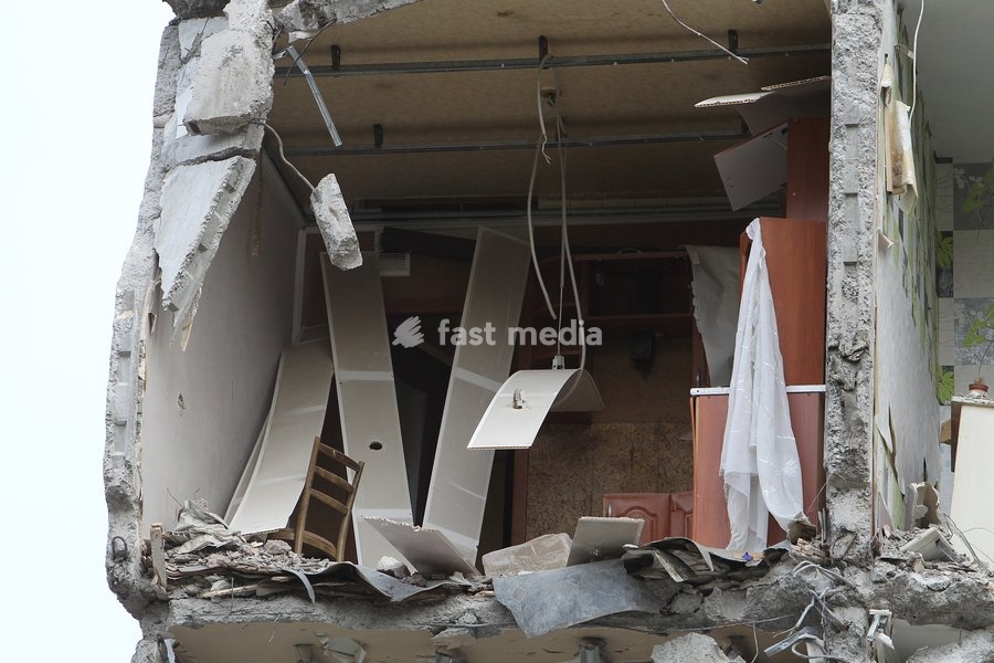The aftermath of a Russian drone strike on a nine-story residential building overnight on November 7-8, 2025, Dnipro, Ukraine, on October 13, 2026. The Russian attack drone hit the first entrance section of the building at 46 Heroiv Avenue. The attack killed three people and injured 13 others