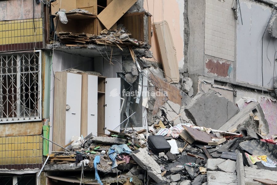 The aftermath of a Russian drone attack on a nine-story residential building overnight on November 7-8, 2025, Dnipro, Ukraine, on October 13, 2026. During the attack, a Russian strike drone hit the first entrance section of the building at 46 Heroiv Avenue. Three people were killed and 13 others…