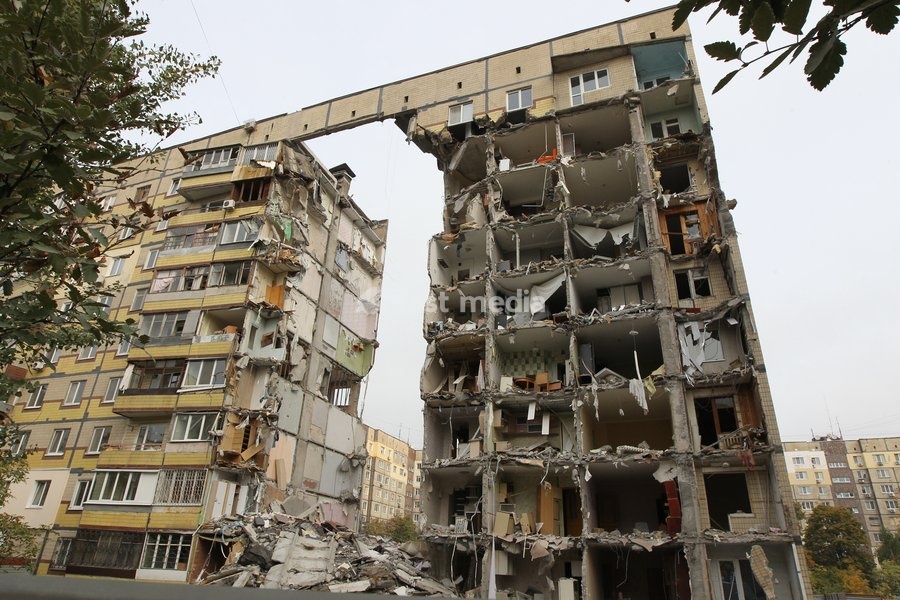 A nine-story apartment building damaged as a result of a Russian drone strike overnight on November 7-8, 2025, Dnipro, Ukraine, on October 13, 2026. A Russian attack drone hit the first entrance section of the building at 46 Heroiv Avenue that night. The attack killed three people and injured 13…