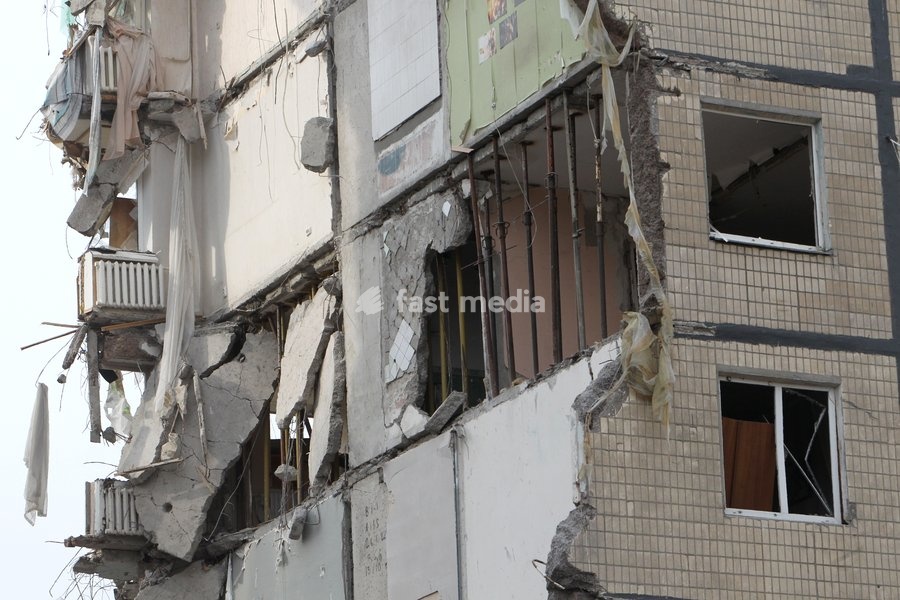 The aftermath of a Russian drone attack on a nine-story residential building overnight on November 7-8, 2025, is seen in Dnipro, Ukraine, on October 13, 2026. During the attack, a Russian strike drone hit the first entrance section of the nine-story building at 46 Heroiv Avenue. Three people were…