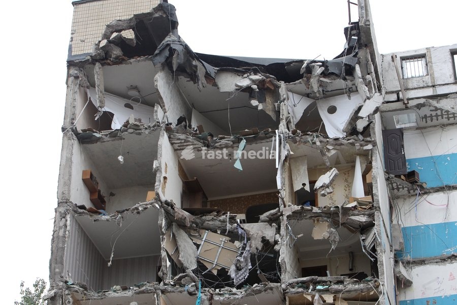 The aftermath of a Russian drone attack on a nine-story residential building overnight on November 7-8, 2025, is seen in Dnipro, Ukraine, on October 13, 2026. During the attack, a Russian strike drone hit the first entrance section of the nine-story building at 46 Heroiv Avenue. Three people were…