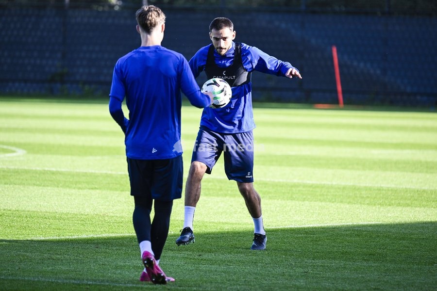 Gent's Matties Volckaert pictured in action during a training session of Belgian soccer team KAA Gent, Wednesday 14 October 2026 in Gent. The team is preparing for the opening match of the UEFA Conference League league phase against Danish Aarhus GF tomorrow