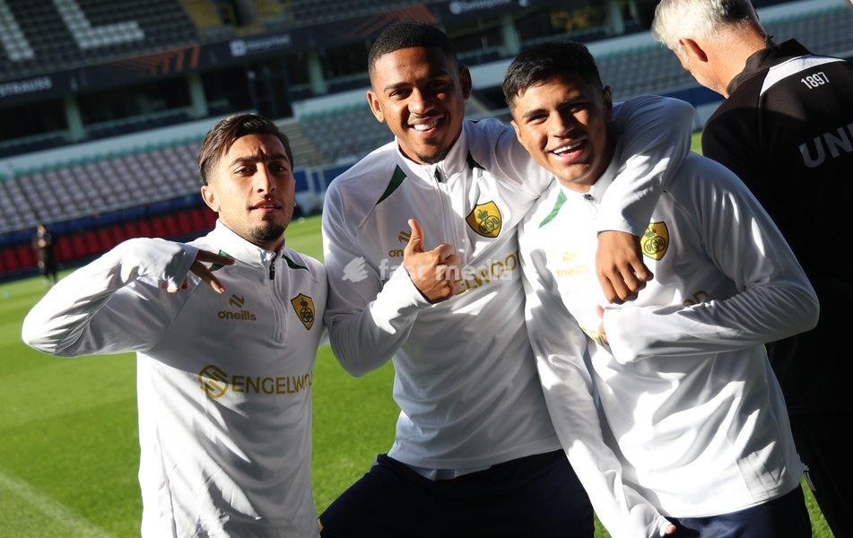 Union's Anouar Ait El Hadj; Union's Guilherme Smith and Union's Dylan Aquino pictured during a training session of Belgian soccer team Royale Union Saint-Gilloise, Wednesday 14 October 2026 in Leuven. The team is preparing for the 2nd match of the UEFA Europa League league phase against Spanish…
