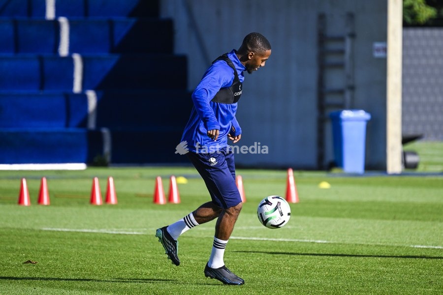 Gent's Michel-Ange Sumai Balikwisha pictured in action during a training session of Belgian soccer team KAA Gent, Wednesday 14 October 2026 in Gent. The team is preparing for the opening match of the UEFA Conference League league phase against Danish Aarhus GF tomorrow