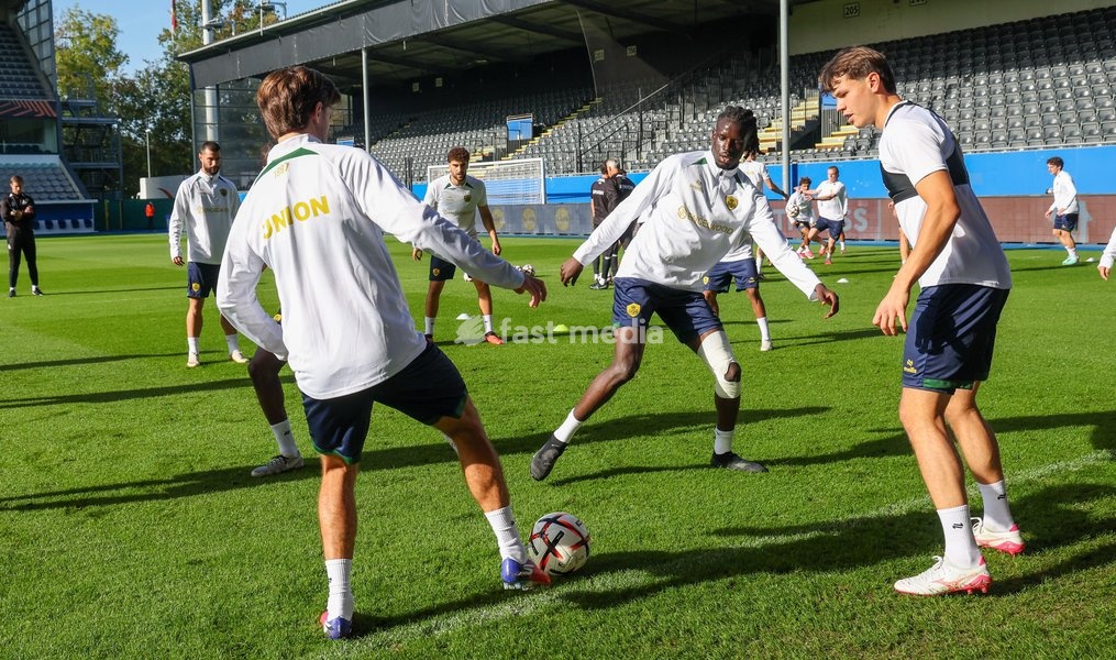 Union's Massire Sylla and Union's Dennis Egel fight for the ball during a training session of Belgian soccer team Royale Union Saint-Gilloise, Wednesday 14 October 2026 in Leuven. The team is preparing for the 2nd match of the UEFA Europa League league phase against Spanish Real Sociedad tomorrow