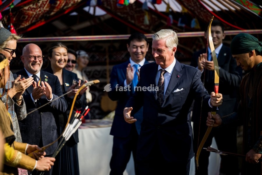 King Philippe - Filip of Belgium and Queen Mathilde of Belgium pictured during a Traditional Cultural Performance and lunch at the Haragun Country Resort the official state visit of the Belgian King and Queen to Kazakhstan, on Wednesday 14 October 2026. The first State Visit of Belgium's royal…