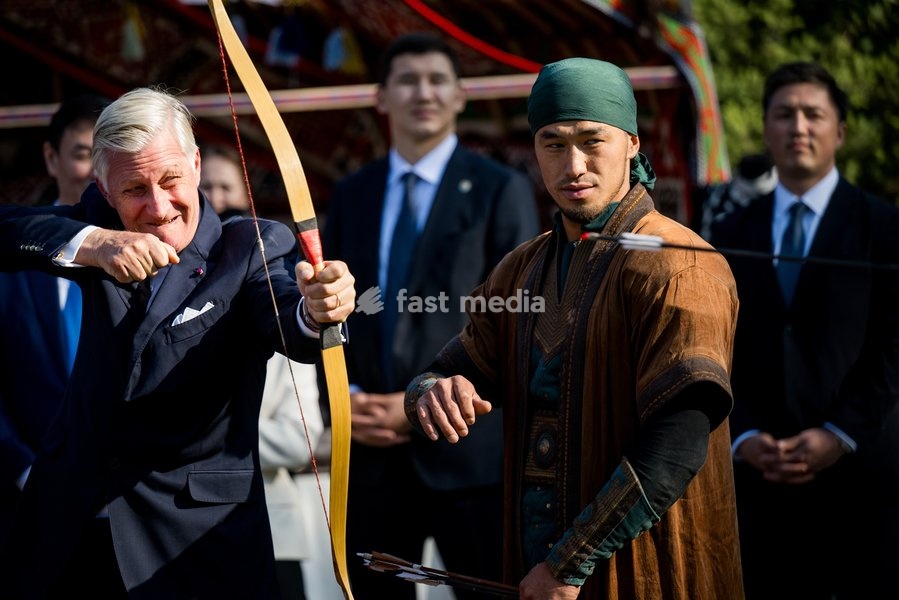 King Philippe - Filip of Belgium and Queen Mathilde of Belgium pictured during a Traditional Cultural Performance and lunch at the Haragun Country Resort the official state visit of the Belgian King and Queen to Kazakhstan, on Wednesday 14 October 2026. The first State Visit of Belgium's royal…