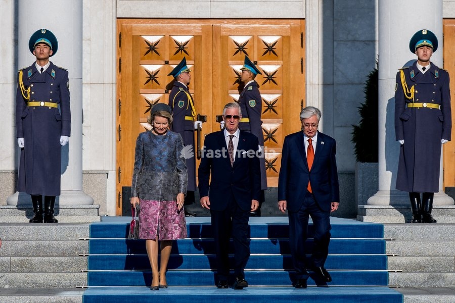 Queen Mathilde of Belgium; King Philippe - Filip of Belgium and Kazakhstan's President Kassym-Jomart Tokayev pictured at the farewell ceremony and departure with the governmental aircraft from Astana Airport to Almaty Airport the official state visit of the Belgian King and Queen to Kazakhstan, on…