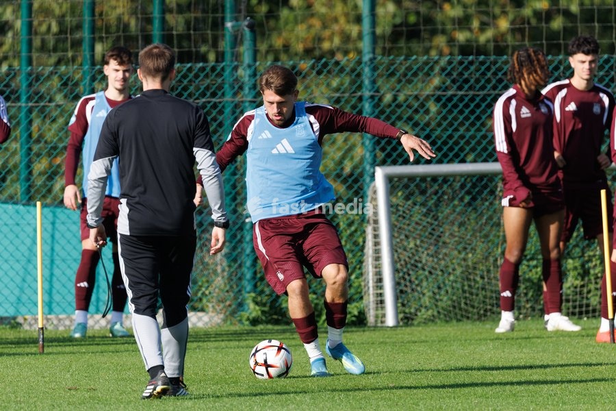 Anderlecht's Adriano Bertaccini pictured in action during a training session of Belgian soccer team RSC Anderlecht, Wednesday 14 October 2026 in Brussels. The team is preparing for the second match of the UEFA Europa League league phase against Croatian GNK Dinamo Zagreb tomorrow