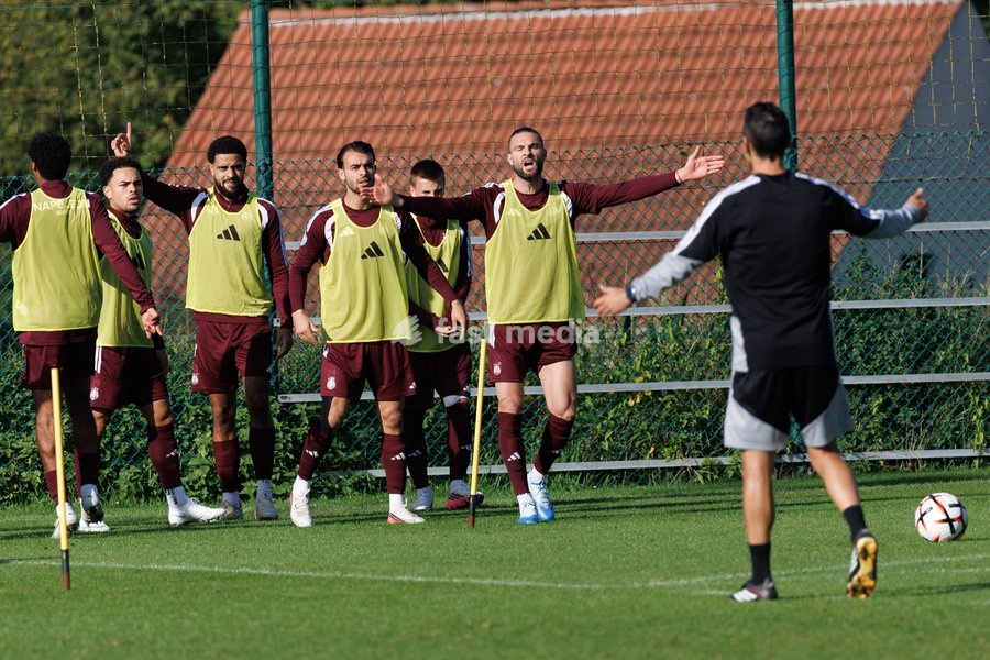 Anderlecht's players pictured during a training session of Belgian soccer team RSC Anderlecht, Wednesday 14 October 2026 in Brussels. The team is preparing for the second match of the UEFA Europa League league phase against Croatian GNK Dinamo Zagreb tomorrow