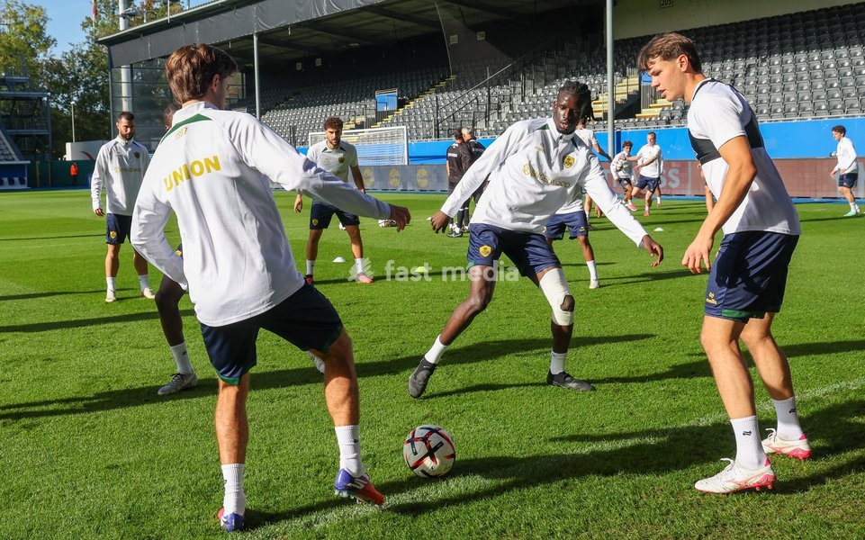 Union's Massire Sylla and Union's Dennis Egel fight for the ball during a training session of Belgian soccer team Royale Union Saint-Gilloise, Wednesday 14 October 2026 in Leuven. The team is preparing for the 2nd match of the UEFA Europa League league phase against Spanish Real Sociedad tomorrow