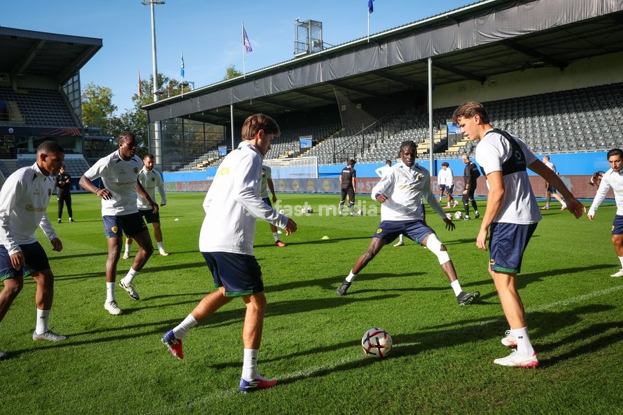 Union's Massire Sylla and Union's Dennis Egel fight for the ball during a training session of Belgian soccer team Royale Union Saint-Gilloise, Wednesday 14 October 2026 in Leuven. The team is preparing for the 2nd match of the UEFA Europa League league phase against Spanish Real Sociedad tomorrow
