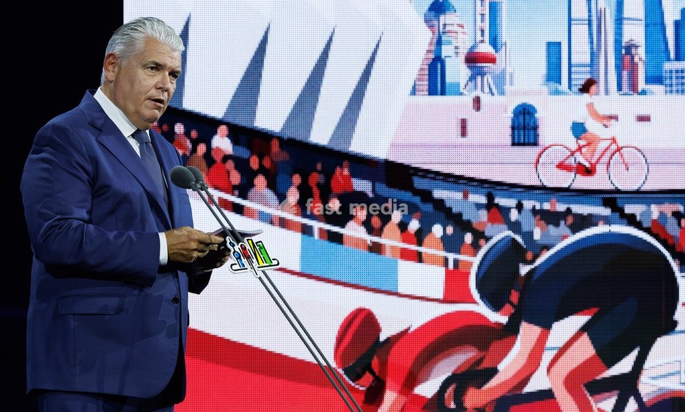UCI Vice President Enrico Della Casa delivers a speech at opening ceremony during the UCI Track Cycling World Championships in Shanghai, China on Wednesday 14 October 2026. The worlds are taking place from 14 to 18 October 2026
