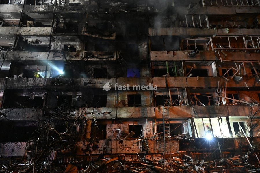 The aftermath of a Russian missile strike on a nine-story residential building is seen in Kyiv’s Desnianskyi district, Ukraine, on October 14, 2026. Russia launched a massive ballistic missile attack on the capital. Three women were killed and 19 people were injured in the Desnianskyi district,…