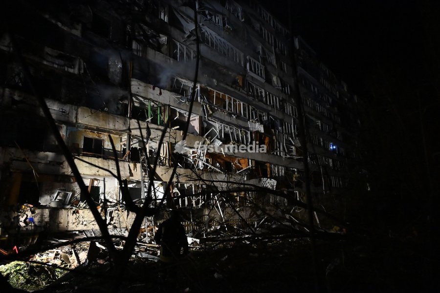 A nine-story residential building damaged in a Russian missile strike is seen in Kyiv’s Desnianskyi district, Ukraine, on October 14, 2026. Russia launched a massive ballistic missile attack on the capital. Three women were killed and 19 people were injured in the Desnianskyi district, including a…