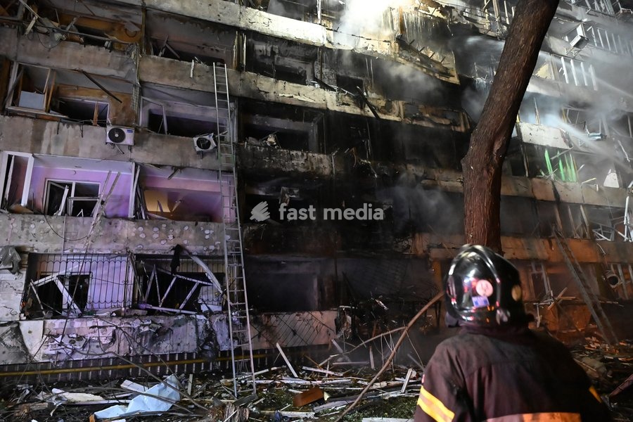 The aftermath of a Russian missile strike on a nine-story residential building is seen in Kyiv’s Desnianskyi district, Ukraine, on October 14, 2026. Russia launched a massive ballistic missile attack on the capital. Three women were killed and 19 people were injured in the Desnianskyi district,…