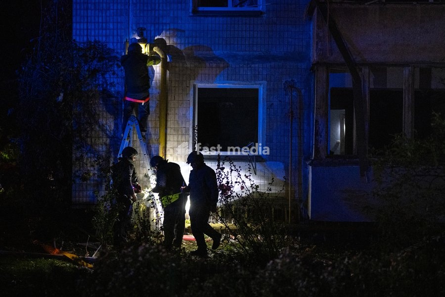 Emergency crew workers inspect the condition of gas supply lines in a nine-story residential building damaged in a Russian missile strike in Kyiv’s Desnianskyi district, Ukraine, on October 14, 2026. Russia launched a massive ballistic missile attack on the capital. Three women were killed and 19…