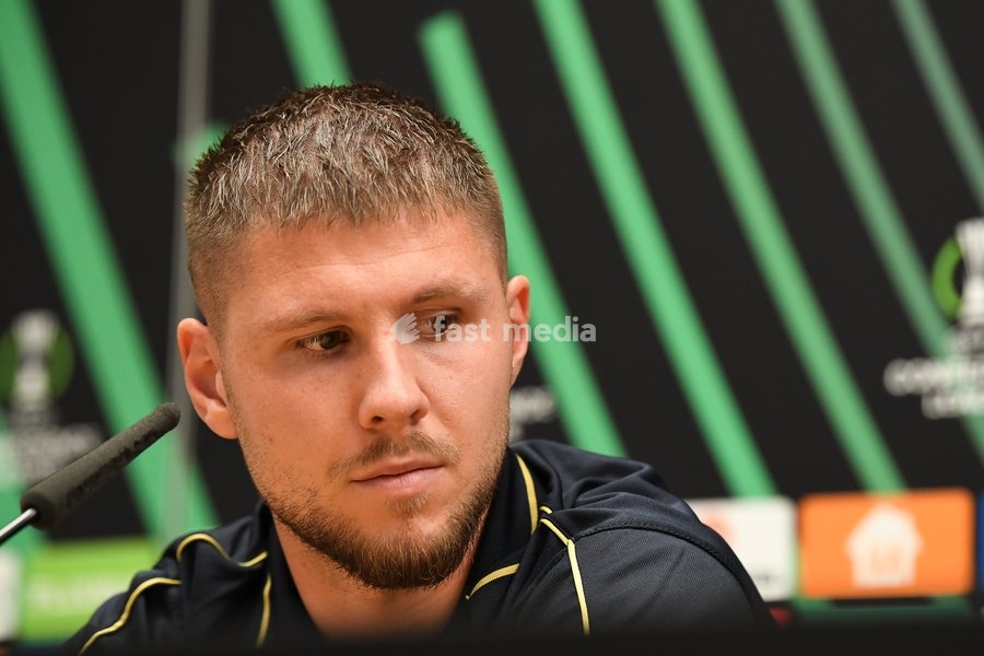 STVV's Ryan Merlen pictured during a press conference of Belgian soccer team Sint-Truidense VV, Wednesday 14 October 2026 in Sint-Truiden. The team is preparing for the opening match of the UEFA Conference League league phase against Georgian FC Iberia 1999 Tbilisi tomorrow