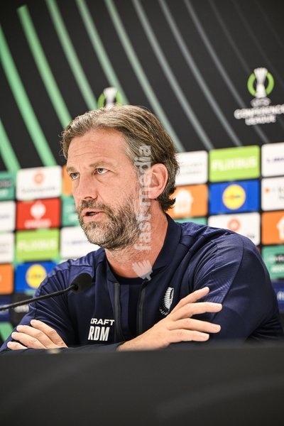 Gent's head coach Rik De Mil pictured during a press conference of Belgian soccer team KAA Gent, Wednesday 14 October 2026 in Gent. The team is preparing for the opening match of the UEFA Conference League league phase against Danish Aarhus GF tomorrow