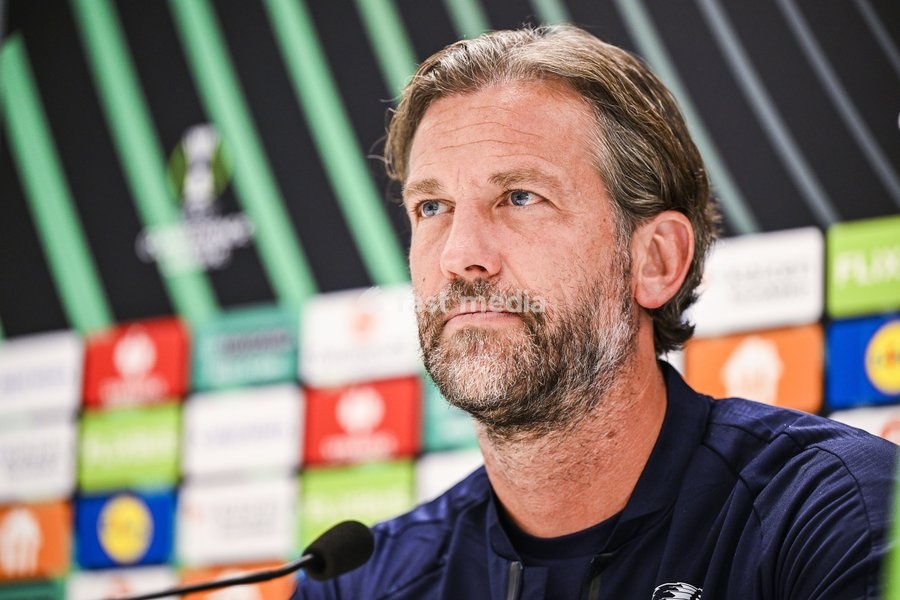 Gent's head coach Rik De Mil pictured during a press conference of Belgian soccer team KAA Gent, Wednesday 14 October 2026 in Gent. The team is preparing for the opening match of the UEFA Conference League league phase against Danish Aarhus GF tomorrow