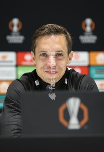 Union's head coach David Hubert pictured during a press conference of Belgian soccer team Royale Union Saint-Gilloise, Wednesday 14 October 2026 in Leuven. The team is preparing for the 2nd match of the UEFA Europa League league phase against Spanish Real Sociedad tomorrow